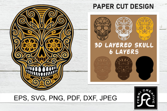 Halloween SVG 3D Layered Sugar Skull: Bold Shapes for 3D SVG